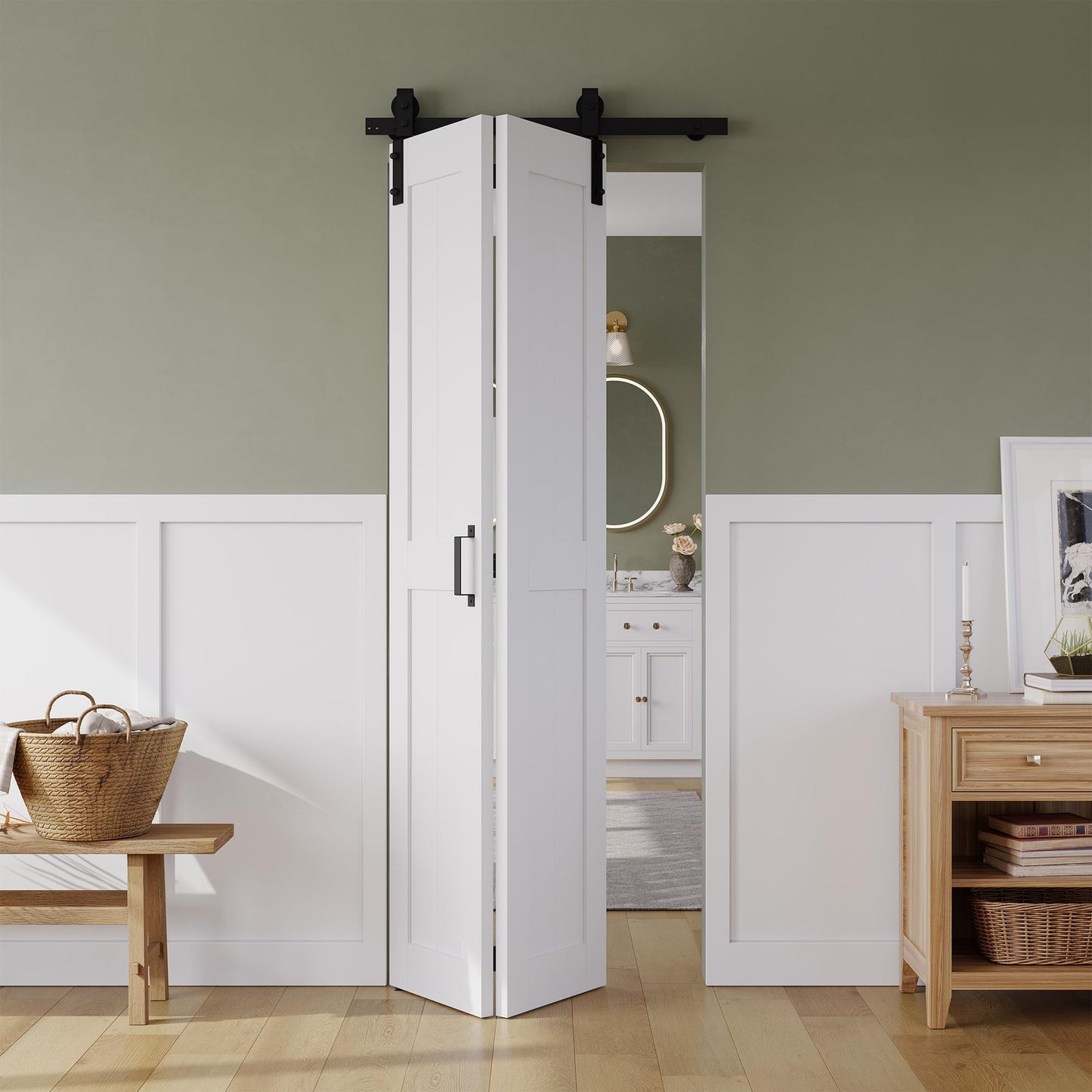 Bifold Barn Door , MDF Bi-Fold Sliding Closet Doors with Hardware Kit Included, Pre-Finished Easy Assembly, Water-Proof PVC Surface & Save Space, H-Frame,