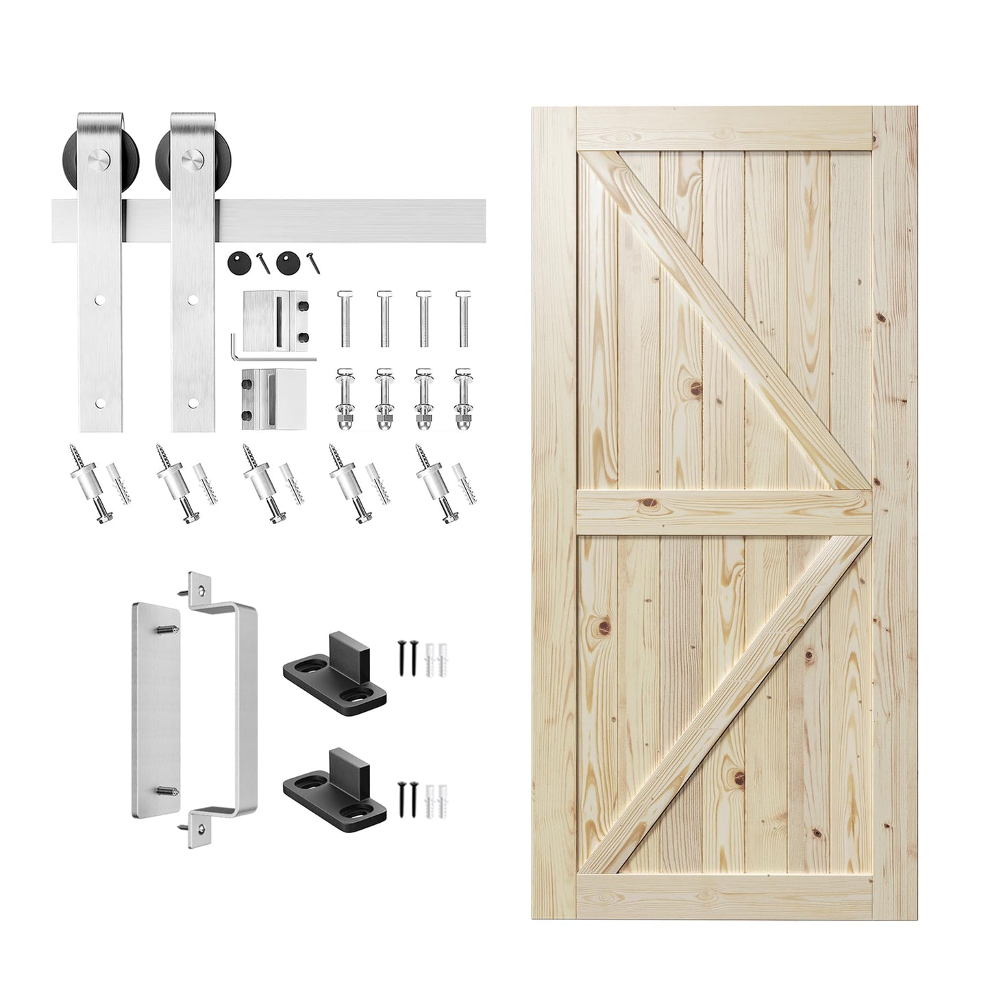 SMARTSTANDARD 42in x 84in Sliding Barn Door with Brushed Nickel Hardware | 7FT Track Kit & Handle, Assembly is Required, DIY Unfinished Solid Spruce Wood Panelled Slab, K-Frame