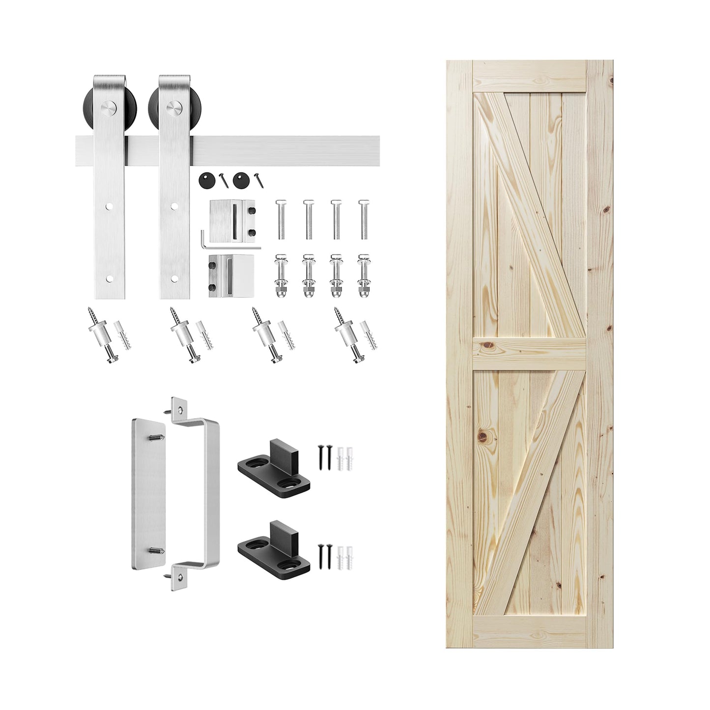 SMARTSTANDARD 26in x 84in Sliding Barn Door with Brushed Nickel Hardware | 5FT Track Kit & Handle, Assembly is Required, DIY Unfinished Solid Spruce Wood Panelled Slab, K-Frame