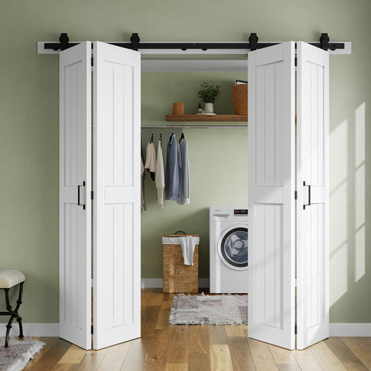 SMARTSTANDARD Bifold Barn Door 56'' x 84'',Bi-Fold Sliding Closet Doors， Hardware Kit Included,64'' Track Kit for 4 Doors,Waterproof &amp; Quiet,Pre-Drilled Holes Easy Assembly,White
