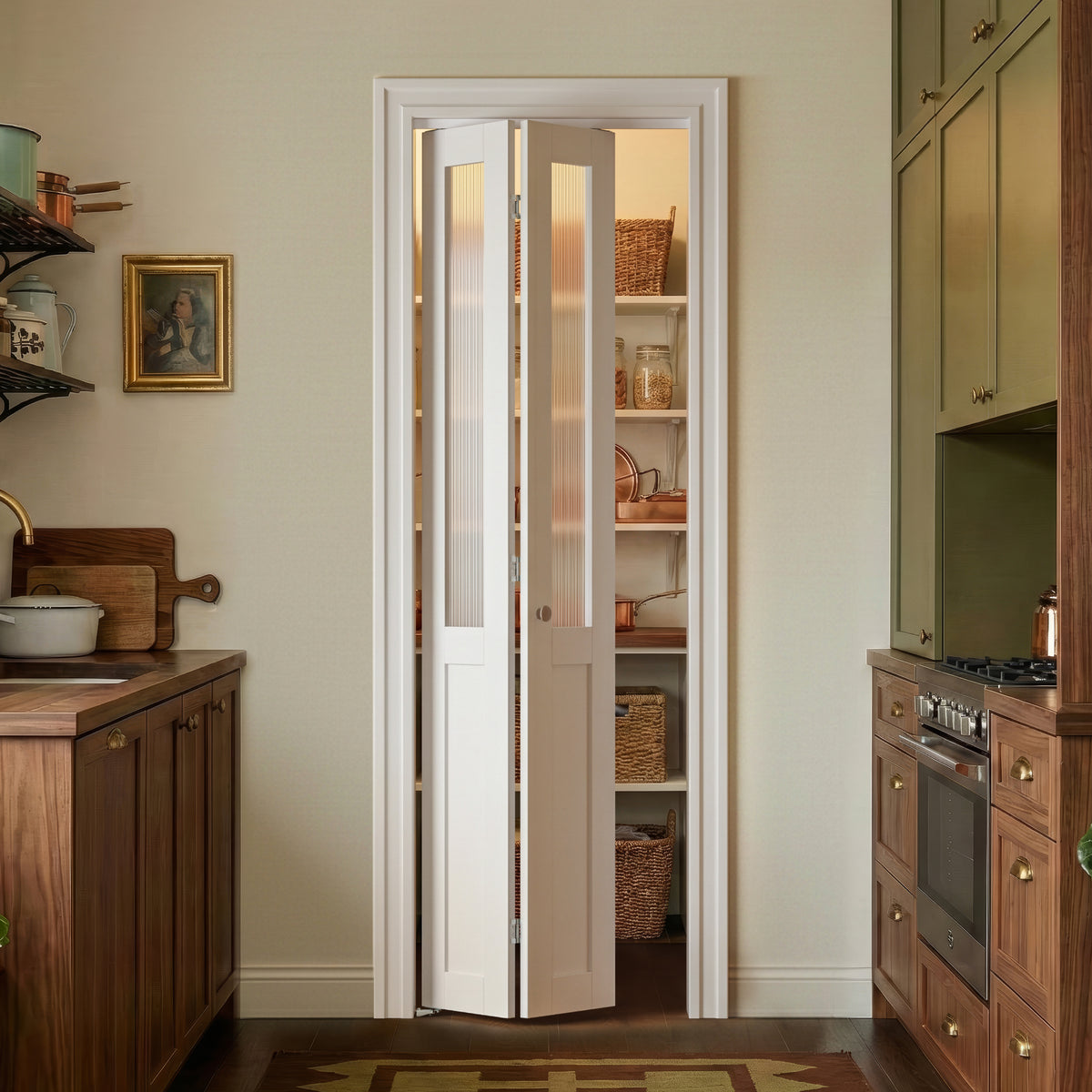 SMARTSTANDARD 24" x 80" Reeded Glass Bifold Closet Doors, Preassembled, MDF, Water-Proof PVC Surface, Half Tempered Glass with Hardware Kit, White Interior Slab for Kitchen, Closet, Pantry, White