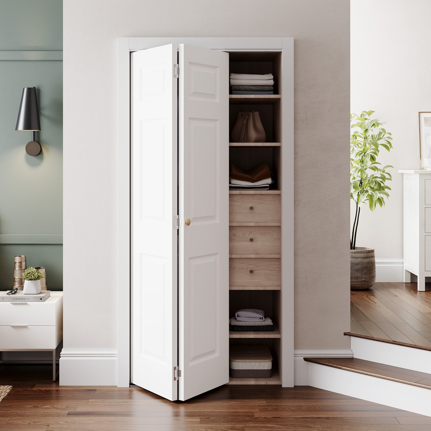 SMARTSTANDARD Paintable Bifold Door, 3-Panels Closet Doors with Hardward Kits, White Primed Surface Ready for Painting, Elegant Molded Design, Easy Installation