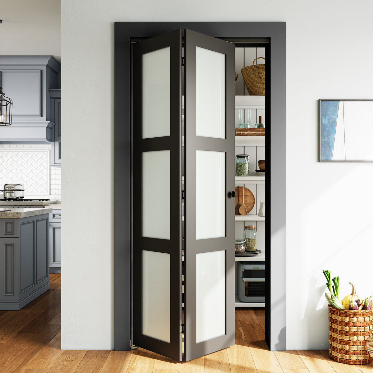 SMARTSTANDARD 32" x 80 Bifold Closet Door, Tempered Frosted Glass, Black, MDF, with Bi-fold Door Hardware Kit Included, Preassembled Panel, Water-Proof PVC Surface, Easy Install, Space-Saving