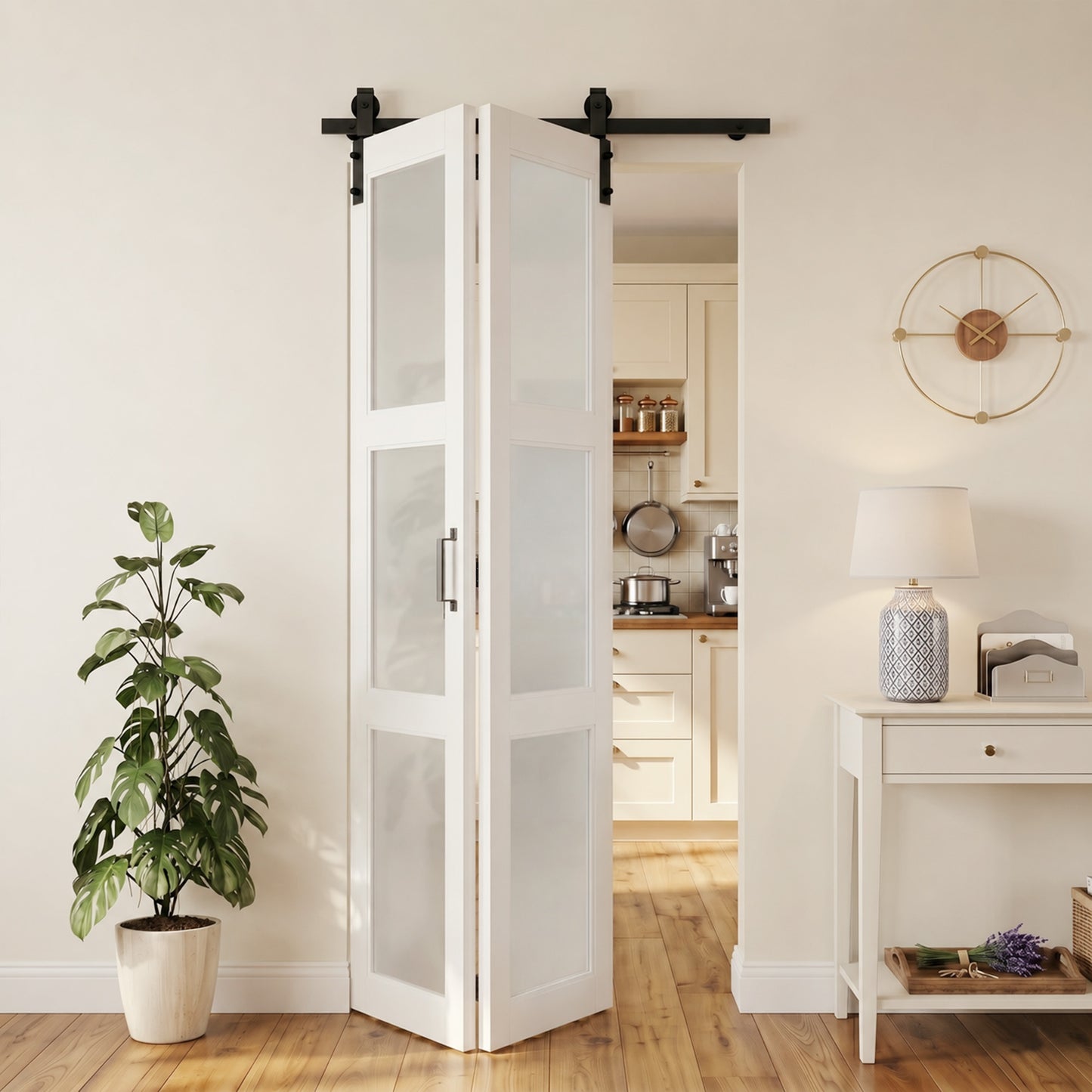 SMARTSTANDARD 36" x 84" Bifold Barn Door, 3-Lite Frosted Glass Panels | Double 18" MDF Folding Door, Hardware Kit Included, Bi-fold Closet Barn Doors for Bedrooms, Pantry, Pre-Drilled, Easy Install