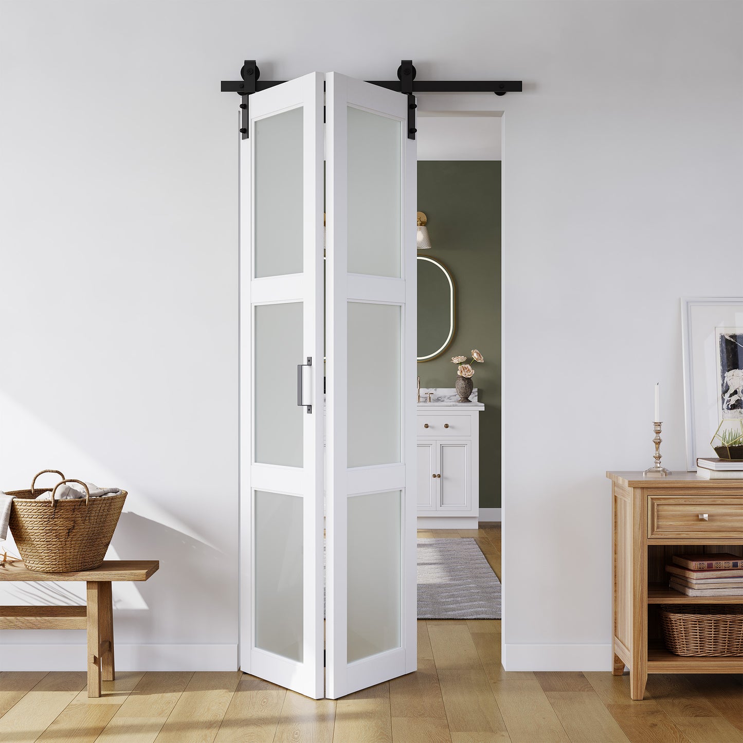 SMARTSTANDARD 24 x 84in Frosted Glass Bifold Barn Door with Hardware Kit | Pre-Drilled Holes Easy Assembly -Solid Barn Doors Slab Covered with Water-Proof PVC Surface, White