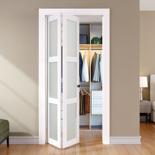SMARTSTANDARD Bifold Door for 30"x 80" Opening, Tempered Frosted Glass, MDF, Closet Folding Doors with Hardware kit Included, White, Water-Proof PVC Surface, Easy Install, Space-Saving