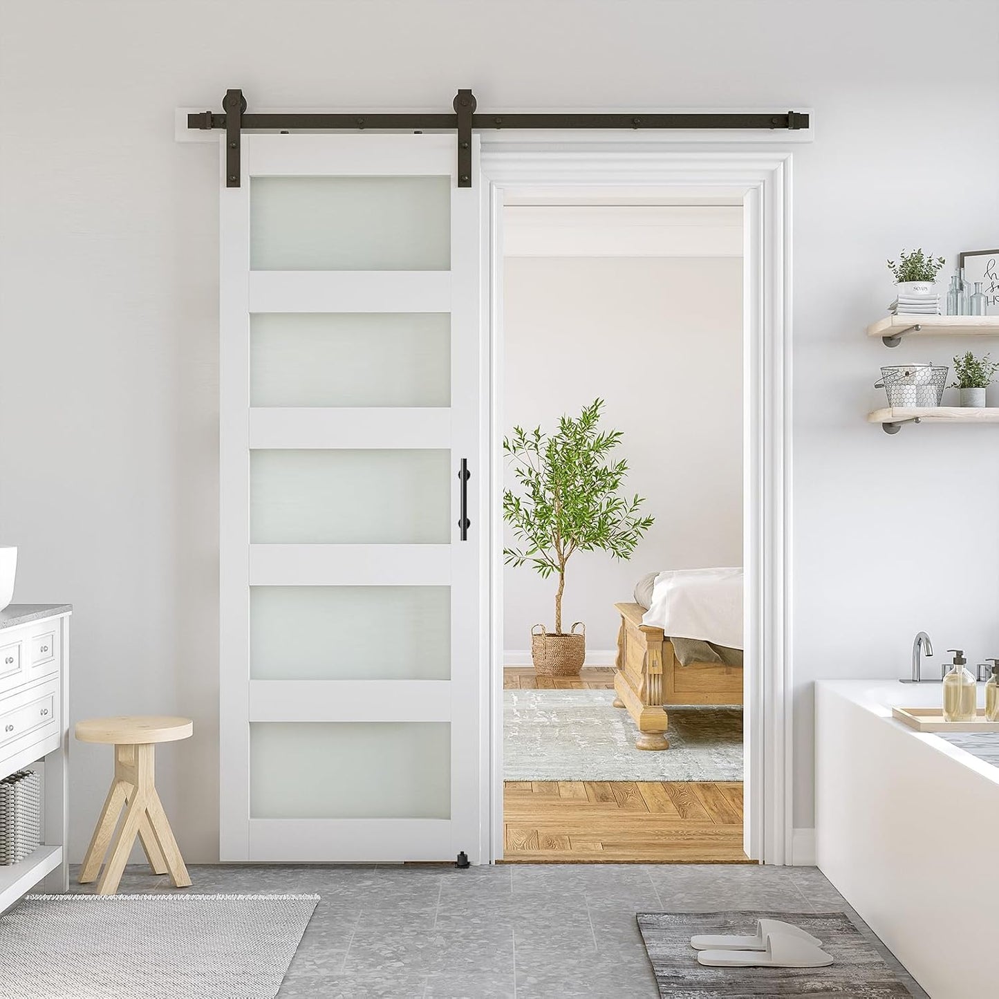 SMARTSTANDARD 28 x 84 in Glass Barn Door with 5FT Sliding Hardware Kit | Pre-Drilled Ready to Assemble, Waterproof PVC Coating, White, 5-Panel Glass
