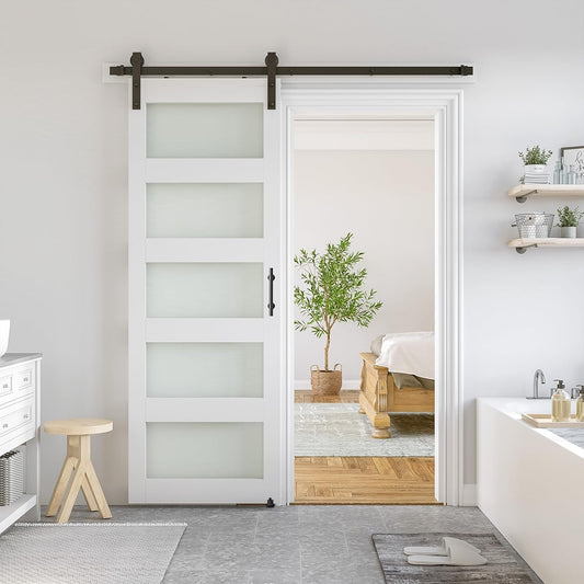 SMARTSTANDARD 28 x 84 in Glass Barn Door with 5FT Sliding Hardware Kit | Pre-Drilled Ready to Assemble, Waterproof PVC Coating, White, 5-Panel Glass