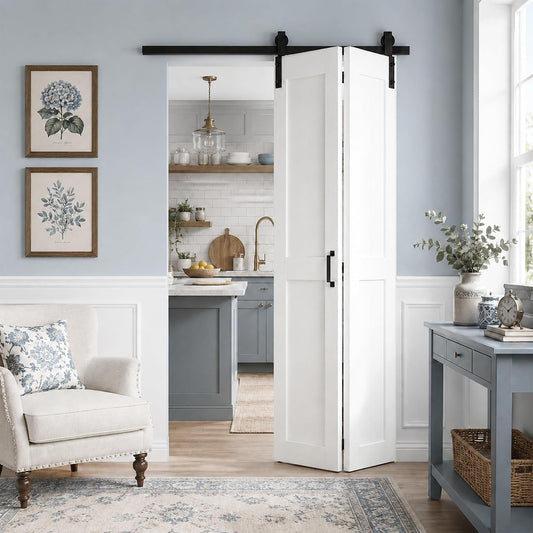 SMARTSTANDARD 32" x 84" H-Shape Bifold Barn Door with Hardware Kits | Double 16" MDF Panels Bi-Fold Closet Doors, Waterproof PVC Surface, Pre-Drilled Folding Doors for Bedroom Pantry