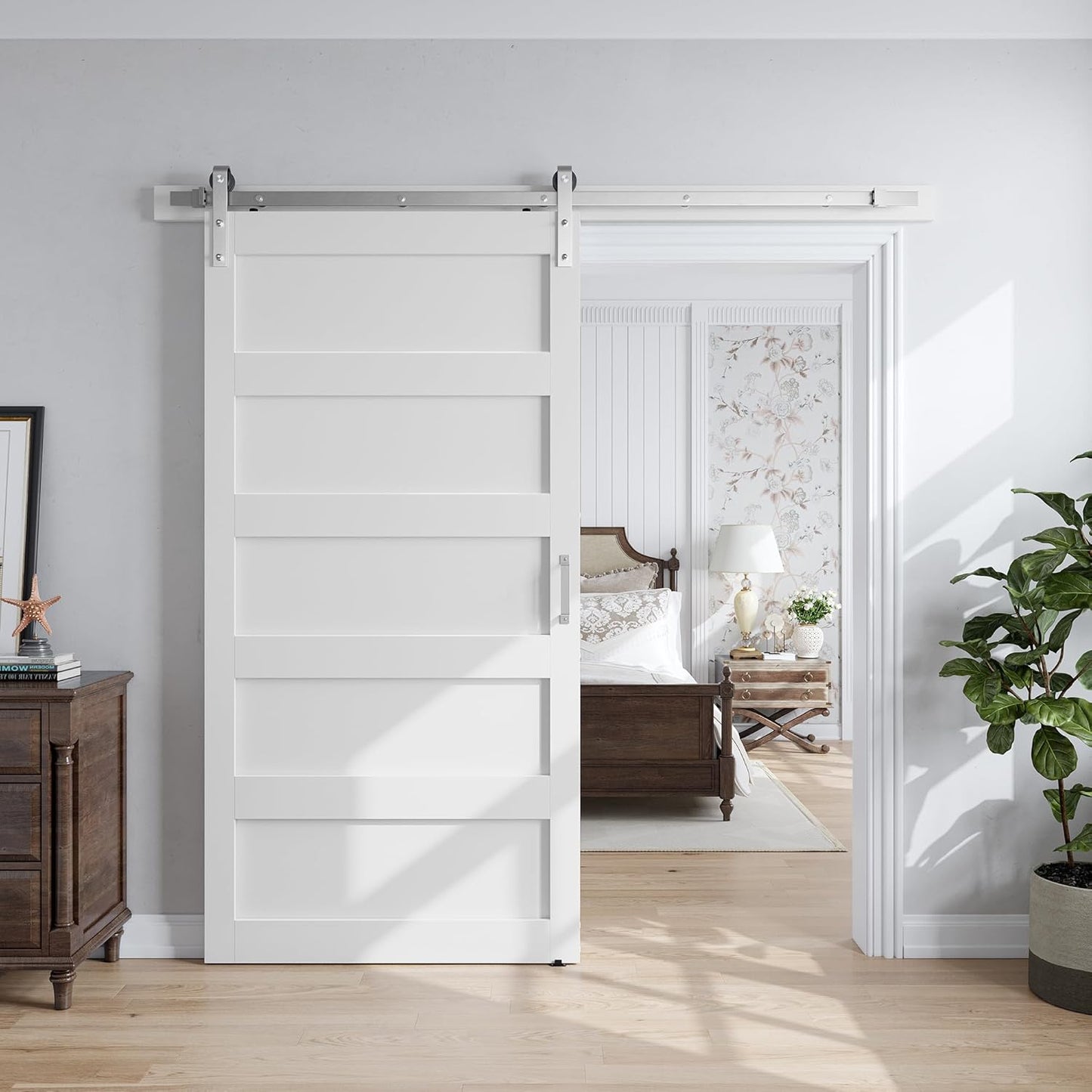 SMARTSTANDARD 42x84 inch White Barn Door with 7FT Silver Hardware Track | Solid MDF Slab, Waterproof PVC Surface, 5-Panel, Suitable for Openings up to 40in x 82in