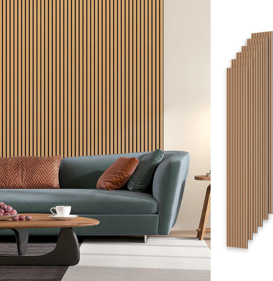 SMARTSTANDARD 6 Pack Acoustic Wood Wall Panels, 94.5"Hx 7.9"H, Light Brown | Soundproof Wall Panel, 3D Fluted Wood Slat Paneling for Wall and Ceilings