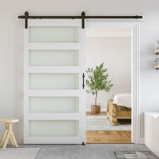 SMARTSTANDARD 42 x 84 in Glass Barn Door with 7FT Sliding Hardware Kit | Pre-Drilled Ready to Assemble, Waterproof PVC Coating, White, 5-Panel Glass