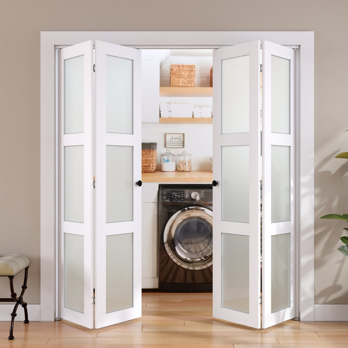SMARTSTANDARD Bifold Door for 56" x 80-3/4" Opening, Tempered Frosted Glass, Closet Folding Doors with Hardware kit Included, White, Water-Proof PVC Surface, Easy Install, Space-Saving