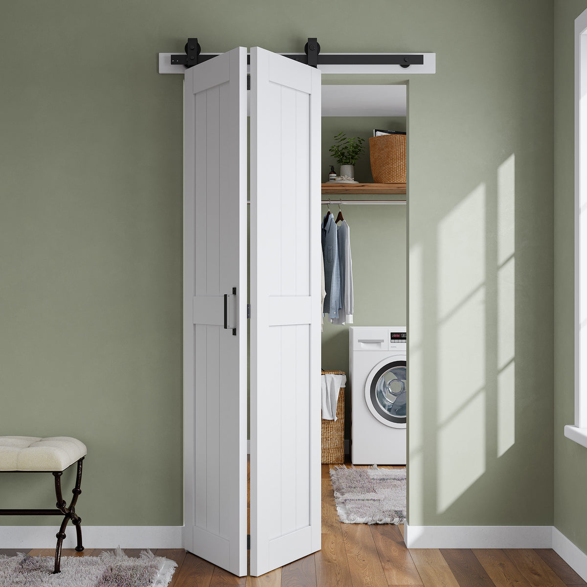 SMARTSTANDARD Bifold Barn Door 36'' x 84'',Bi-Fold Sliding Closet Doors, Hardware Kit Included,40'' Track Kit for 2 Doors,Waterproof & Quiet,Pre-Drilled Holes Easy Assembly,White