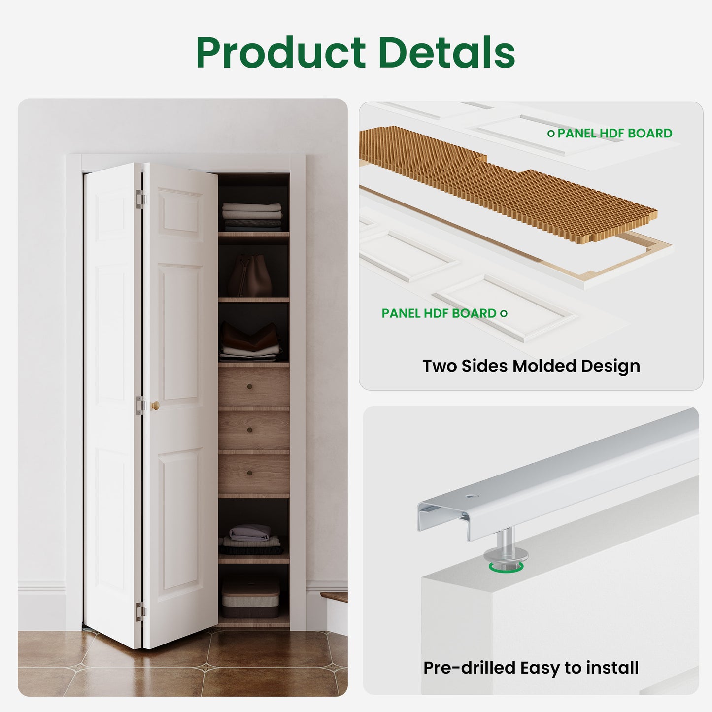 SMARTSTANDARD Paintable Bifold Door, 3-Panels Closet Doors with Hardward Kits, White Primed Surface Ready for Painting, Elegant Molded Design, Easy Installation