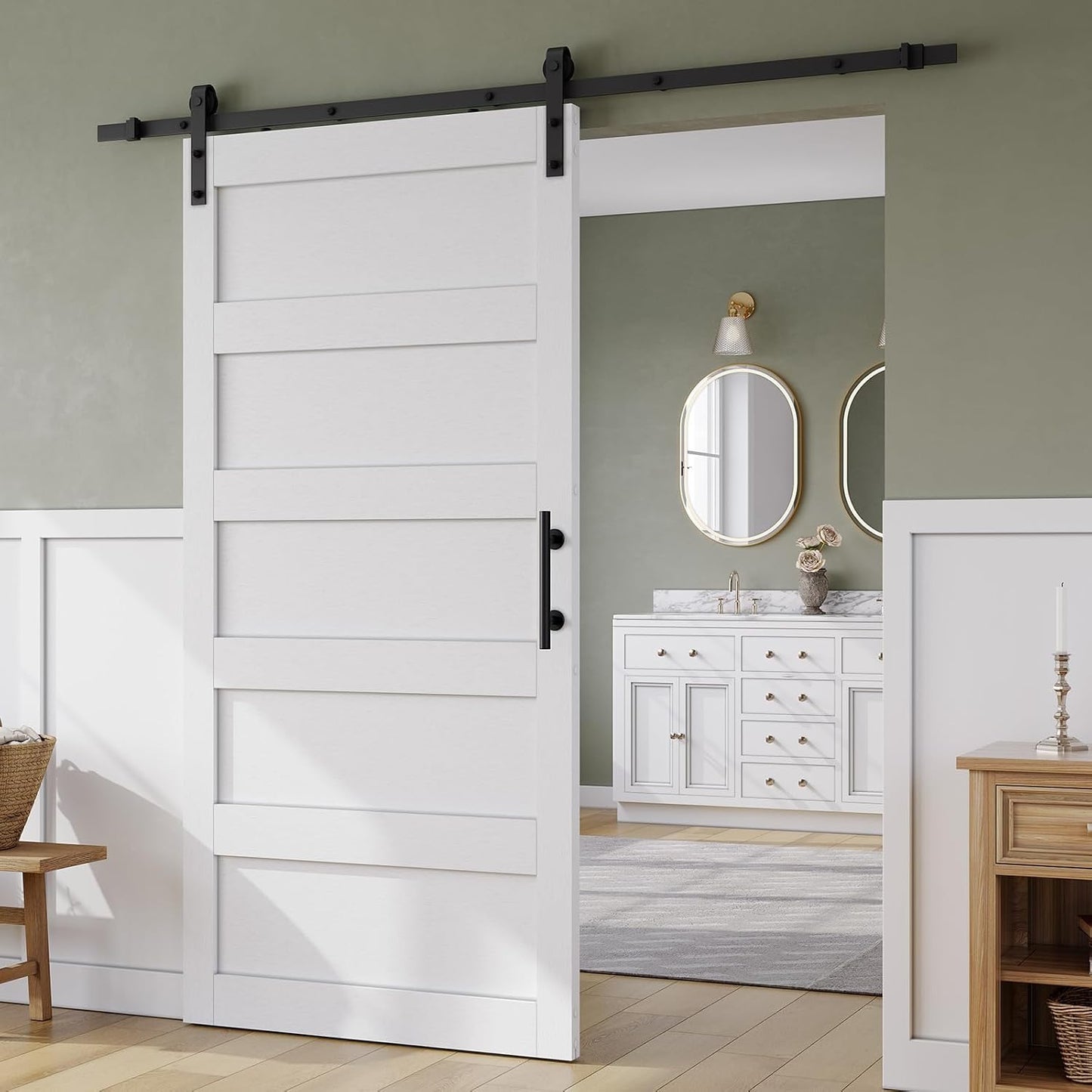 SMARTSTANDARD 40in x 84in Sliding Barn Door with 7FT Hardware Track Kit | Waterproof PVC Surface, Pre-Drilled Holes Easy to Assemble, Solid, MDF, White, 5-Panel