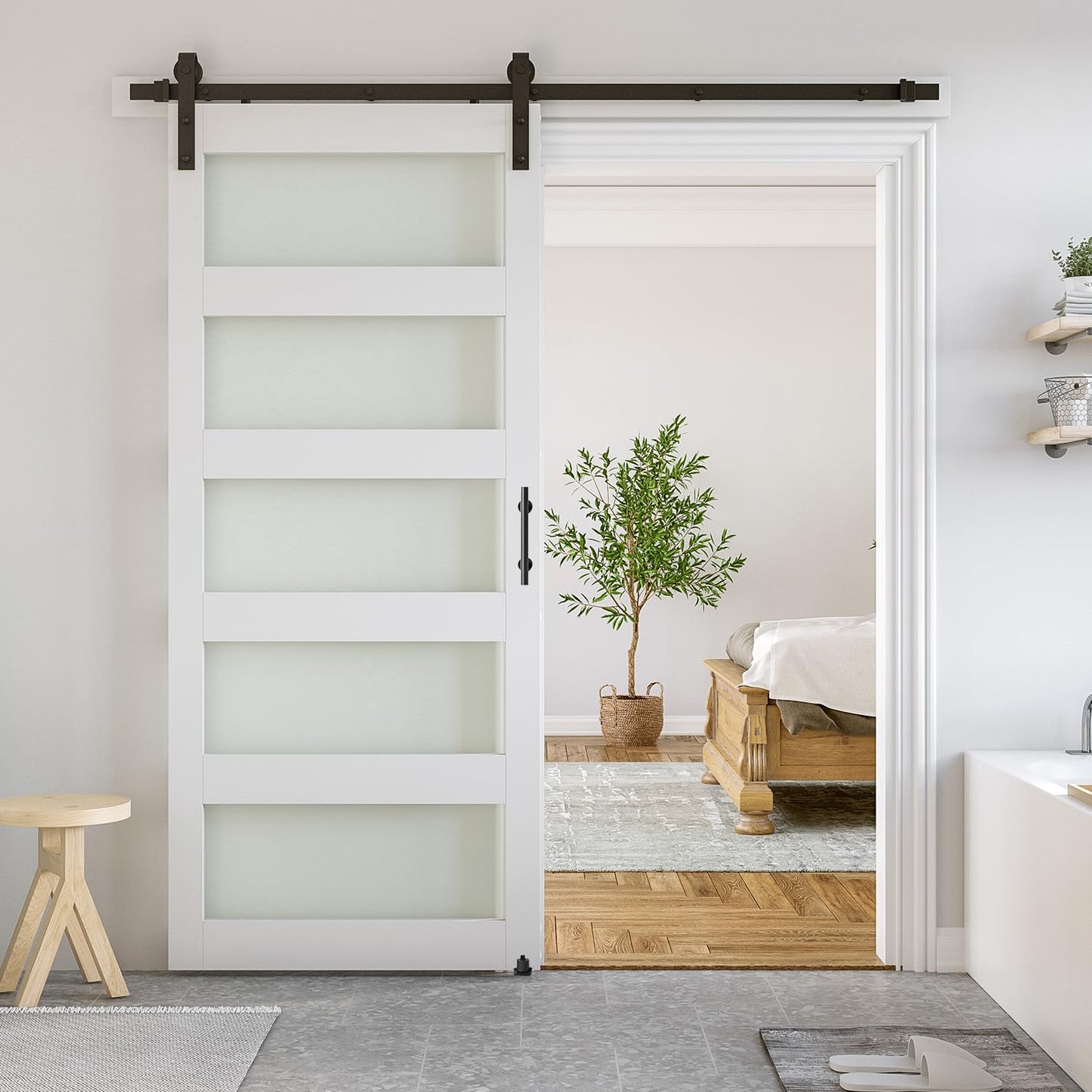 SMARTSTANDARD 36 x 84 in Glass Barn Door with 6.6FT Sliding Hardware Kit | Pre-Drilled Ready to Assemble, Waterproof PVC Coating, White, 5-Panel Glass