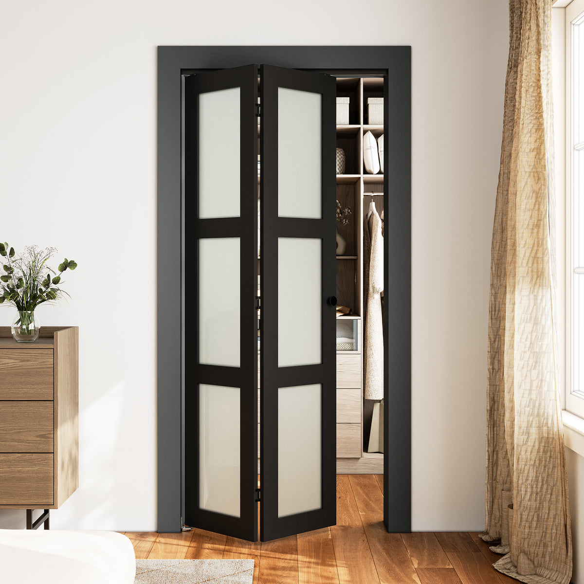 SMARTSTANDARD 32" x 80 Bifold Closet Door, Tempered Frosted Glass, Black, MDF, with Bi-fold Door Hardware Kit Included, Preassembled Panel, Water-Proof PVC Surface, Easy Install, Space-Saving