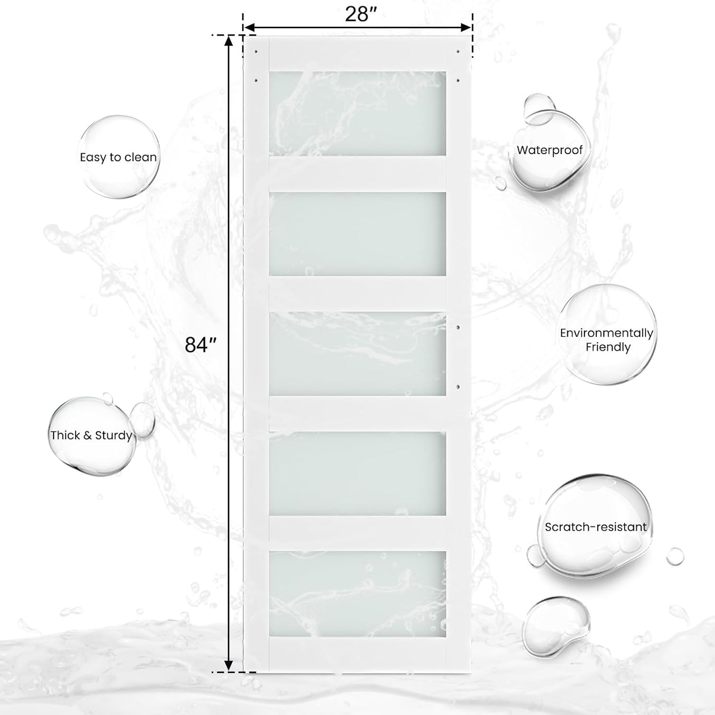 SMARTSTANDARD 28 x 84 in Glass Barn Door with 5FT Sliding Hardware Kit | Pre-Drilled Ready to Assemble, Waterproof PVC Coating, White, 5-Panel Glass