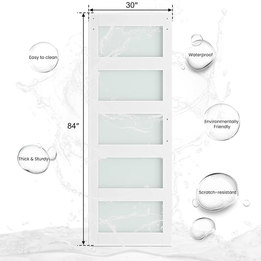 SMARTSTANDARD 30" x 84" Glass Barn Door with 5FT Hardware Kit Included | 5-Panel Glass, DIY Assembly Required, Waterproof PVC Coating, Pure White