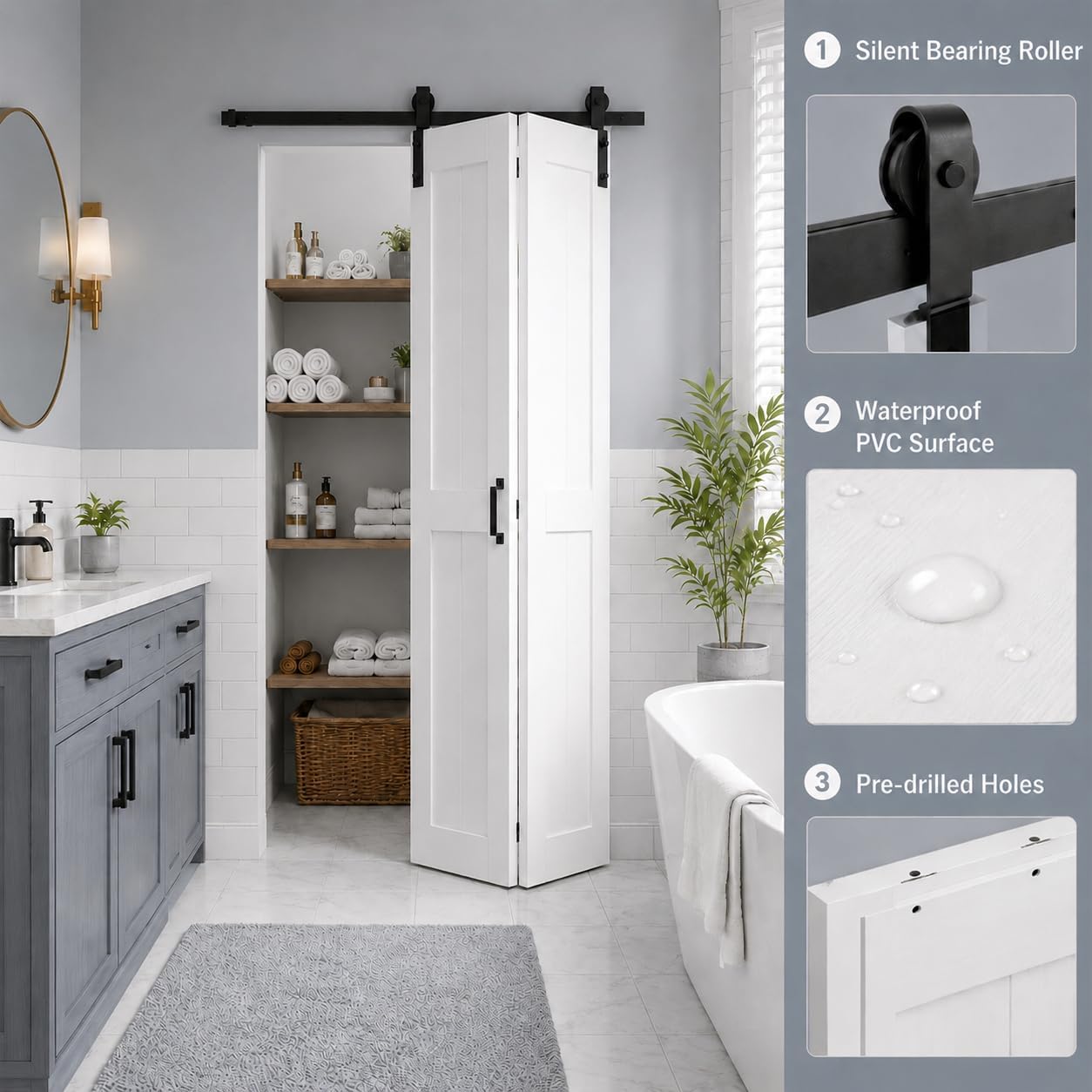 SMARTSTANDARD 32" x 84" H-Shape Bifold Barn Door with Hardware Kits | Double 16" MDF Panels Bi-Fold Closet Doors, Waterproof PVC Surface, Pre-Drilled Folding Doors for Bedroom Pantry