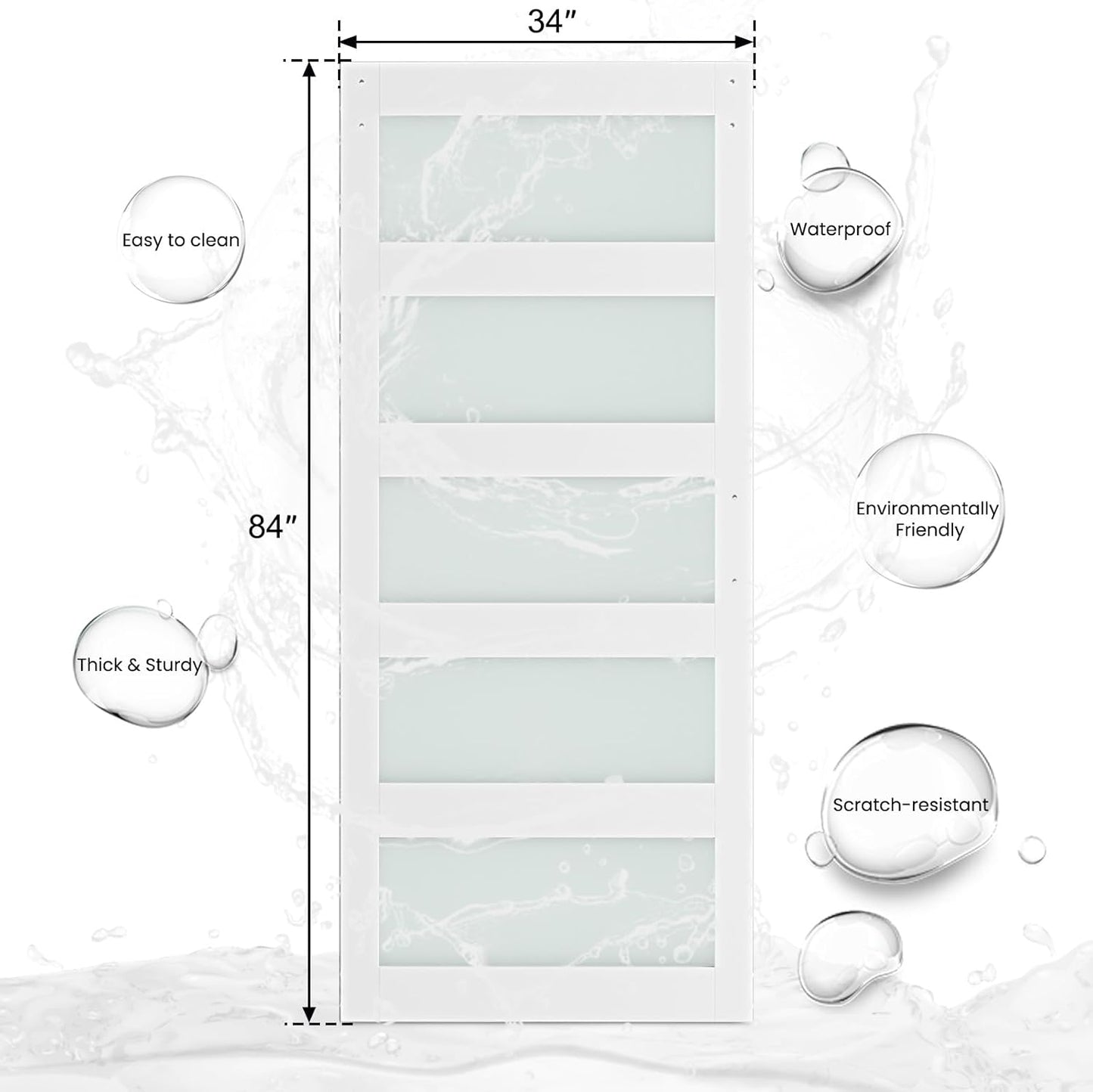 SMARTSTANDARD 34 x 84 in Glass Barn Door with 6FT Sliding Hardware Kit | Pre-Drilled Ready to Assemble, Waterproof PVC Coating, White, 5-Panel Glass