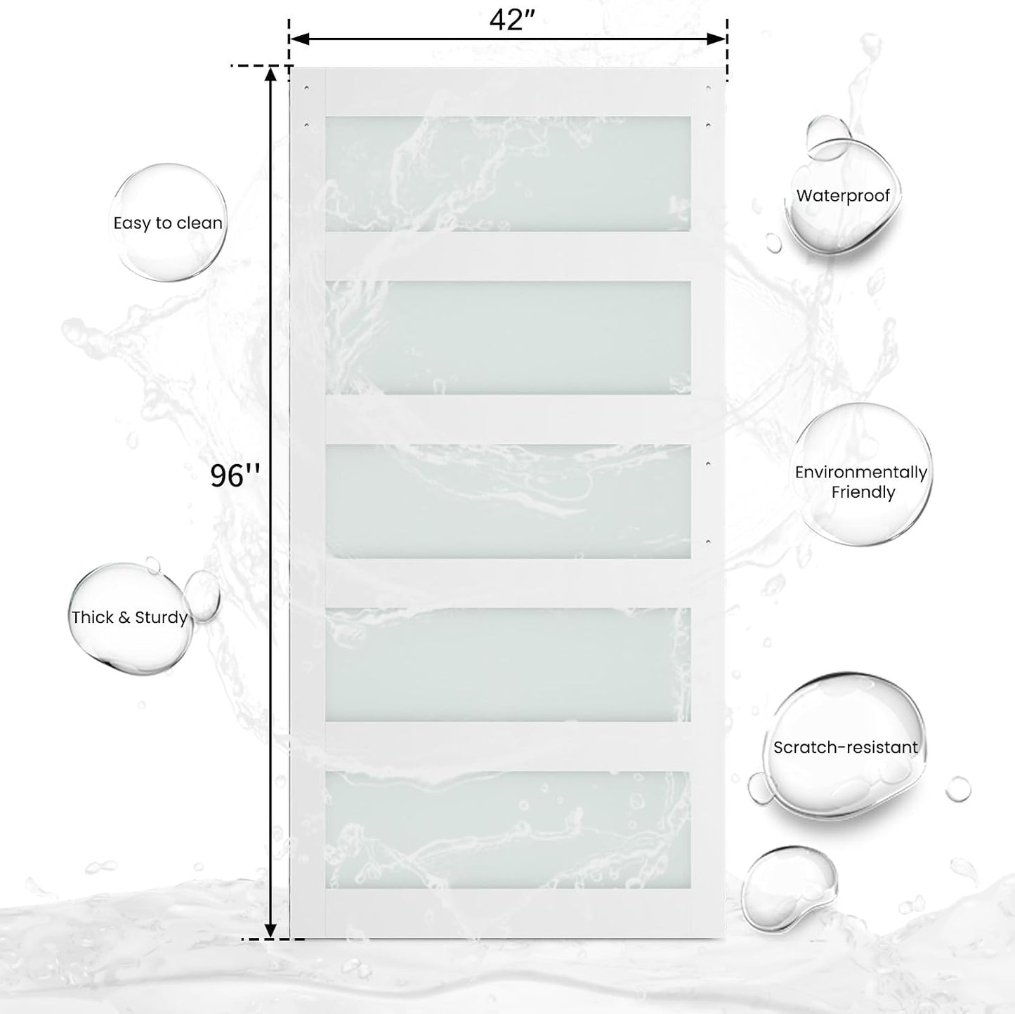 SMARTSTANDARD 42 x 96 in Glass Barn Door with 7FT Sliding Hardware Kit | Pre-Drilled Ready to Assemble, Waterproof PVC Coating, White, 5-Panel Glass