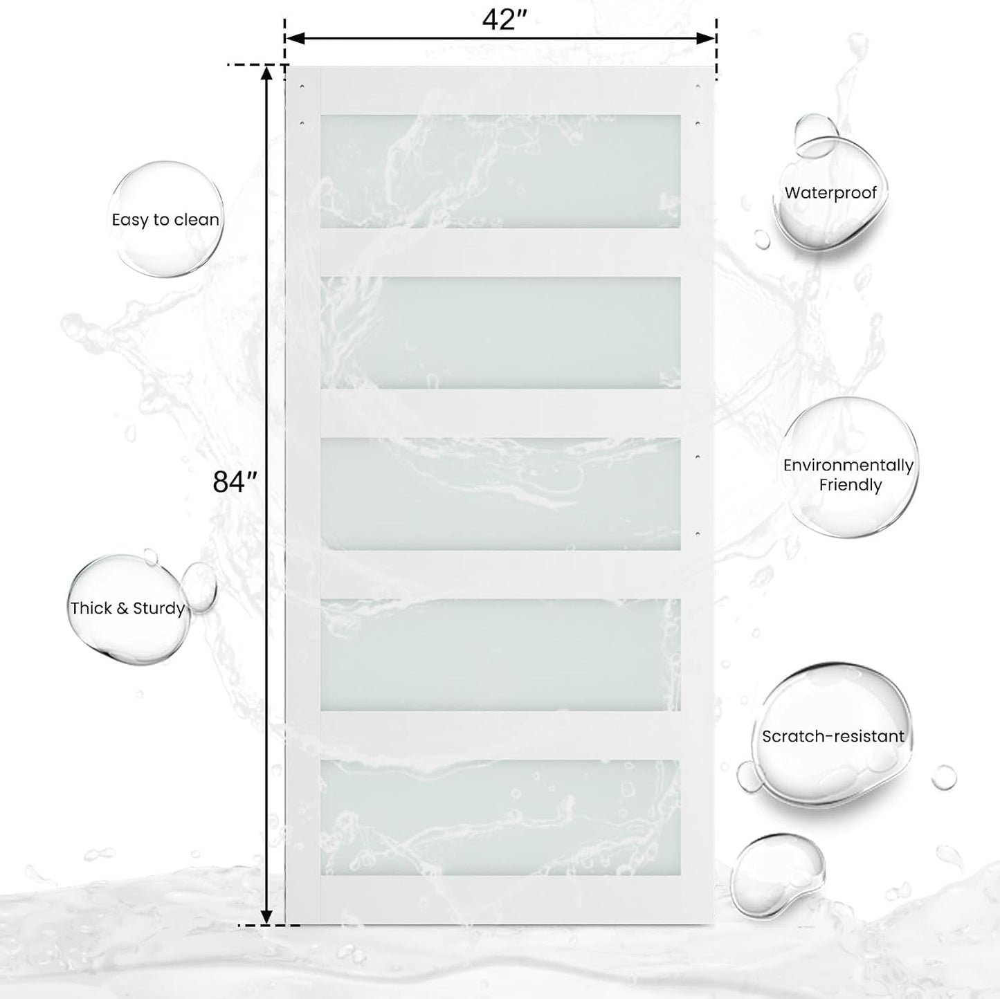 SMARTSTANDARD 42 x 84 in Glass Barn Door with 7FT Sliding Hardware Kit | Pre-Drilled Ready to Assemble, Waterproof PVC Coating, White, 5-Panel Glass