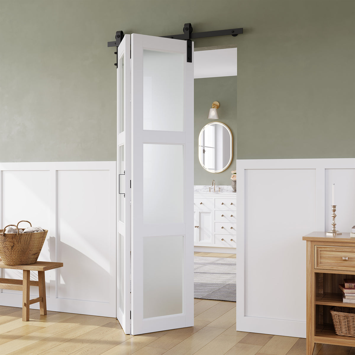 SMARTSTANDARD 24 x 84in Frosted Glass Bifold Barn Door with Hardware Kit, Pre-Drilled Holes Easy Assembly -Solid Barn Doors Slab Covered with Water-Proof PVC Surface, White
