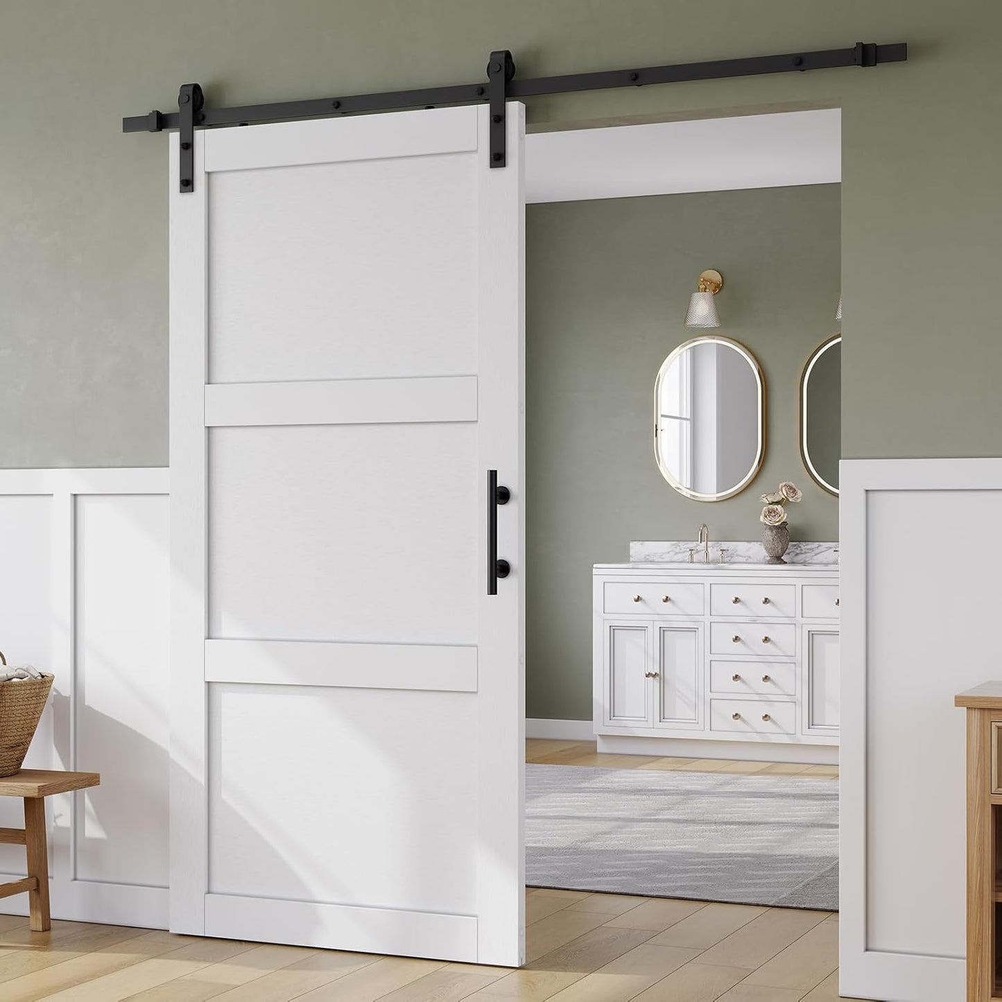 SMARTSTANDARD 40in x 84in Sliding Barn Door with 7FT Hardware Track,3 Panel | Waterproof PVC Surface, Pre-Drilled Holes Easy to Assemble, White, Solid, MDF