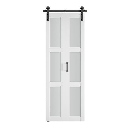 SMARTSTANDARD 24 x 84in Frosted Glass Bifold Barn Door with Hardware Kit | Pre-Drilled Holes Easy Assembly -Solid Barn Doors Slab Covered with Water-Proof PVC Surface, White