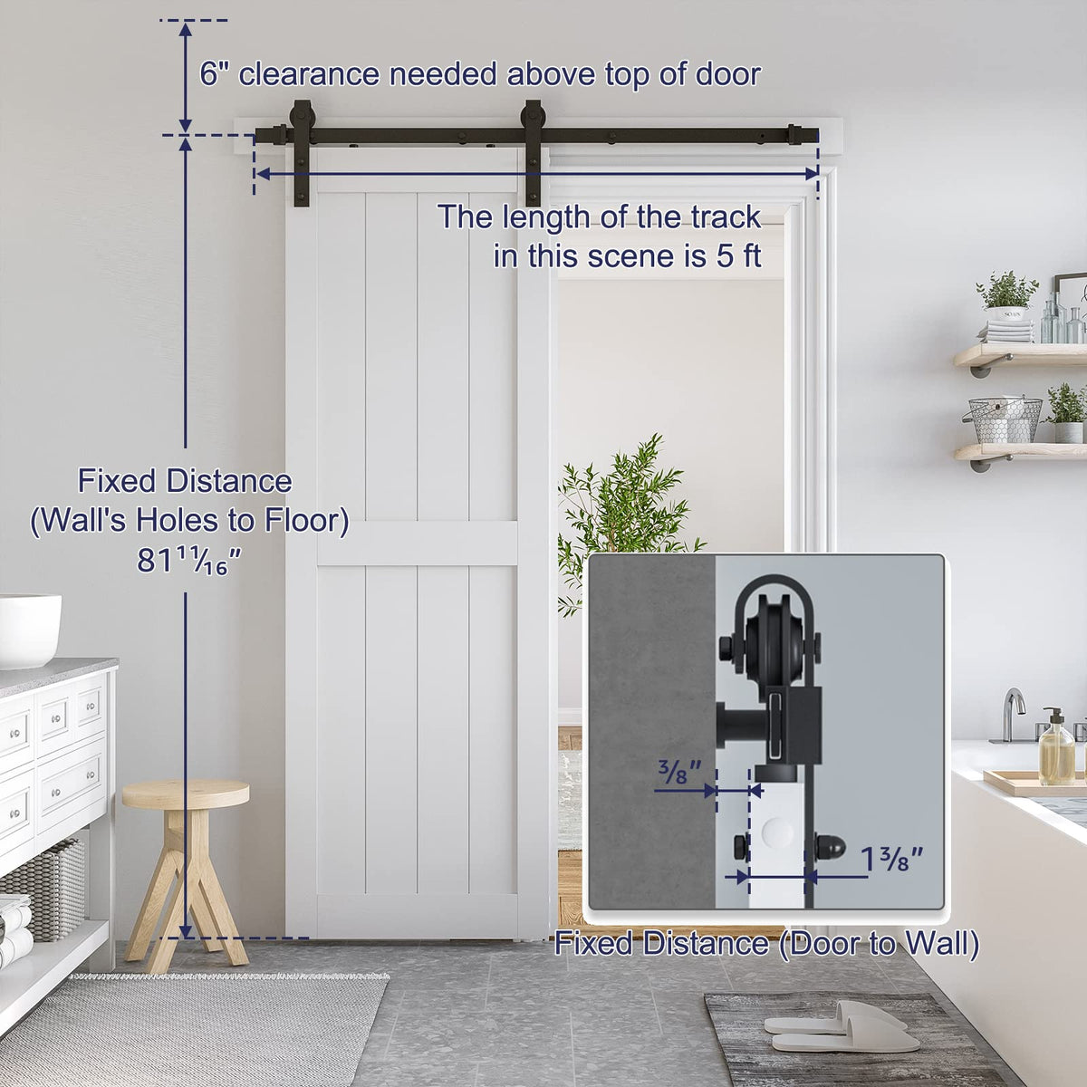 SMARTSTANDARD 30" x 80" White Sliding Barn Door with 5FT Black Hardware