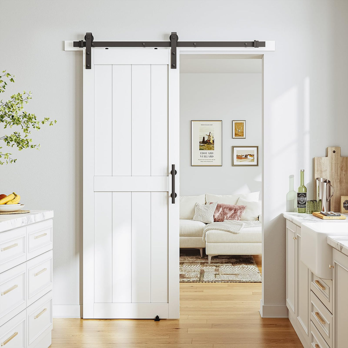 SMARTSTANDARD 30" x 80" White Sliding Barn Door with 5FT Black Hardware