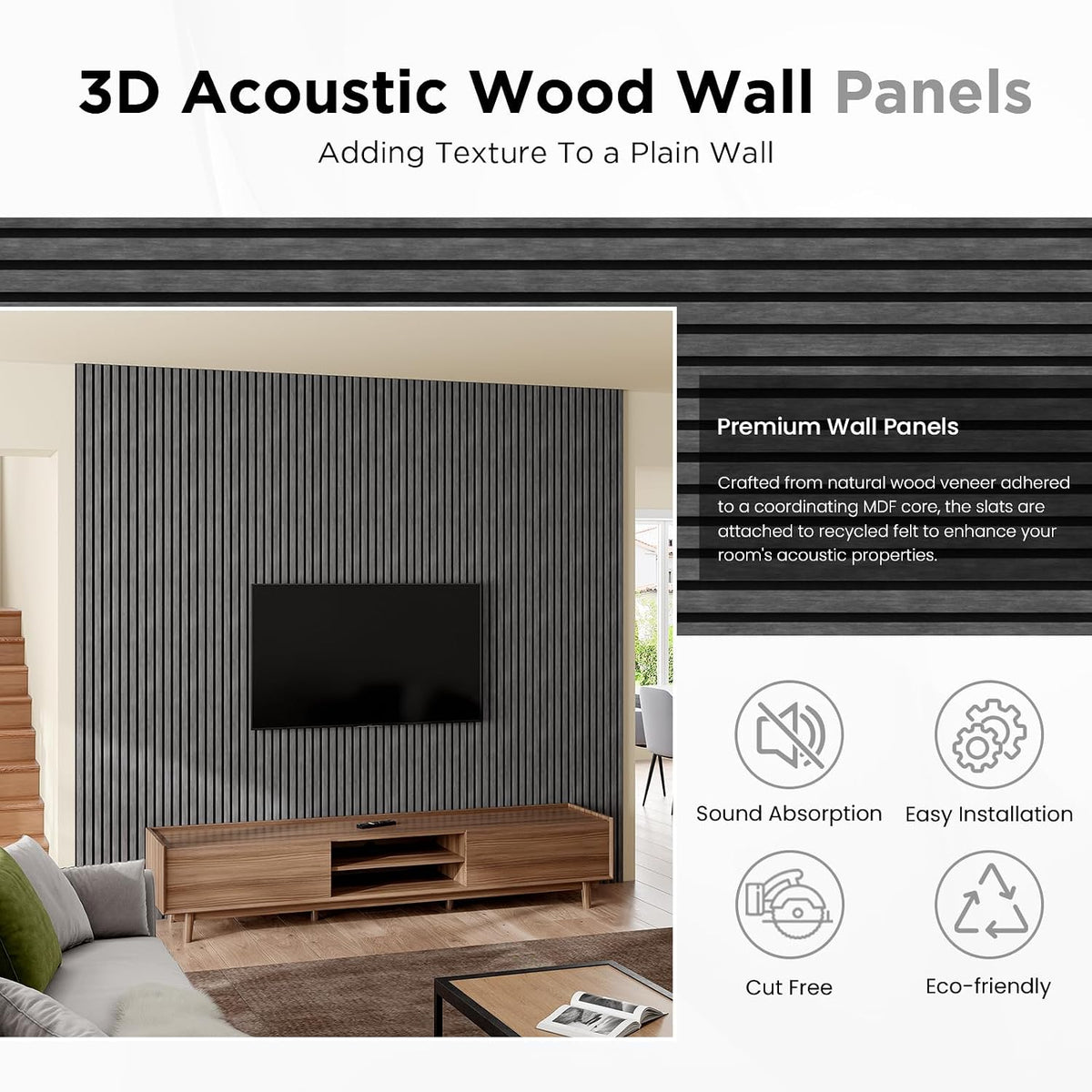 SMARTSTANDARD Wood Slat Acoustic Wall Panels 2 Pack 94"x23.6" Dark Gray