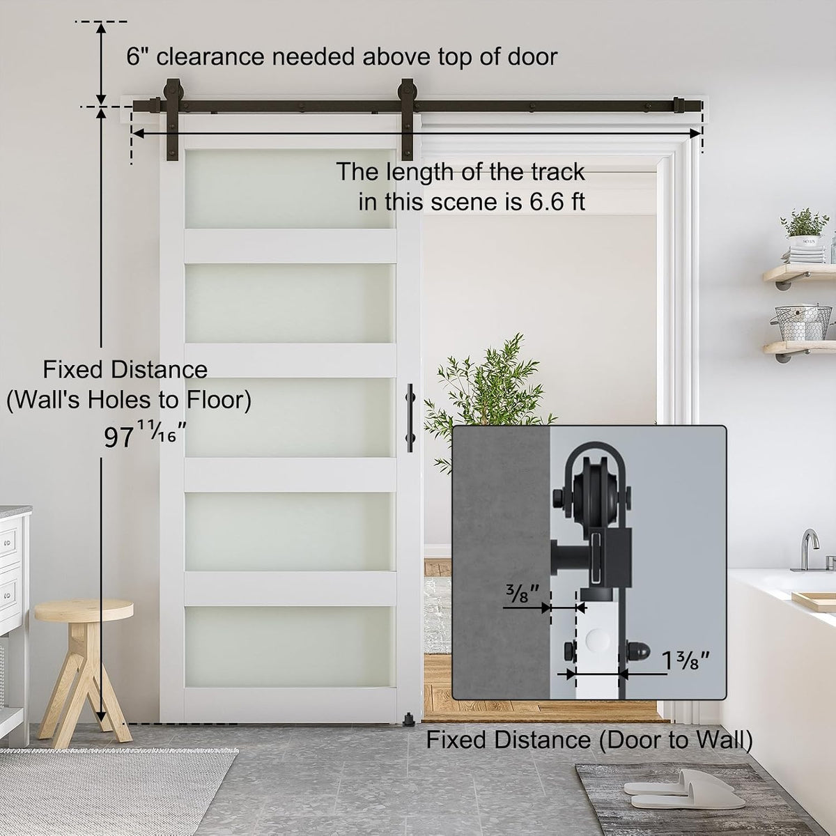 SMARTSTANDARD 36 x 96 in Glass Barn Door with 6.6FT Sliding Hardware Kit | Pre-Drilled Ready to Assemble, Waterproof PVC Coating, White, 5-Panel Glass