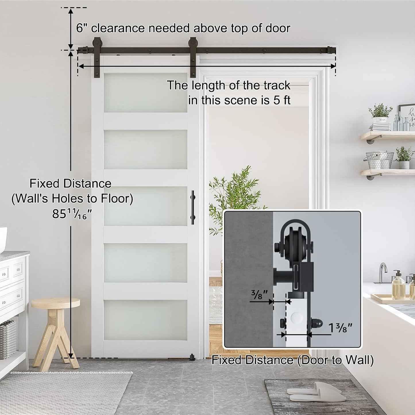 SMARTSTANDARD 28 x 84 in Glass Barn Door with 5FT Sliding Hardware Kit | Pre-Drilled Ready to Assemble, Waterproof PVC Coating, White, 5-Panel Glass