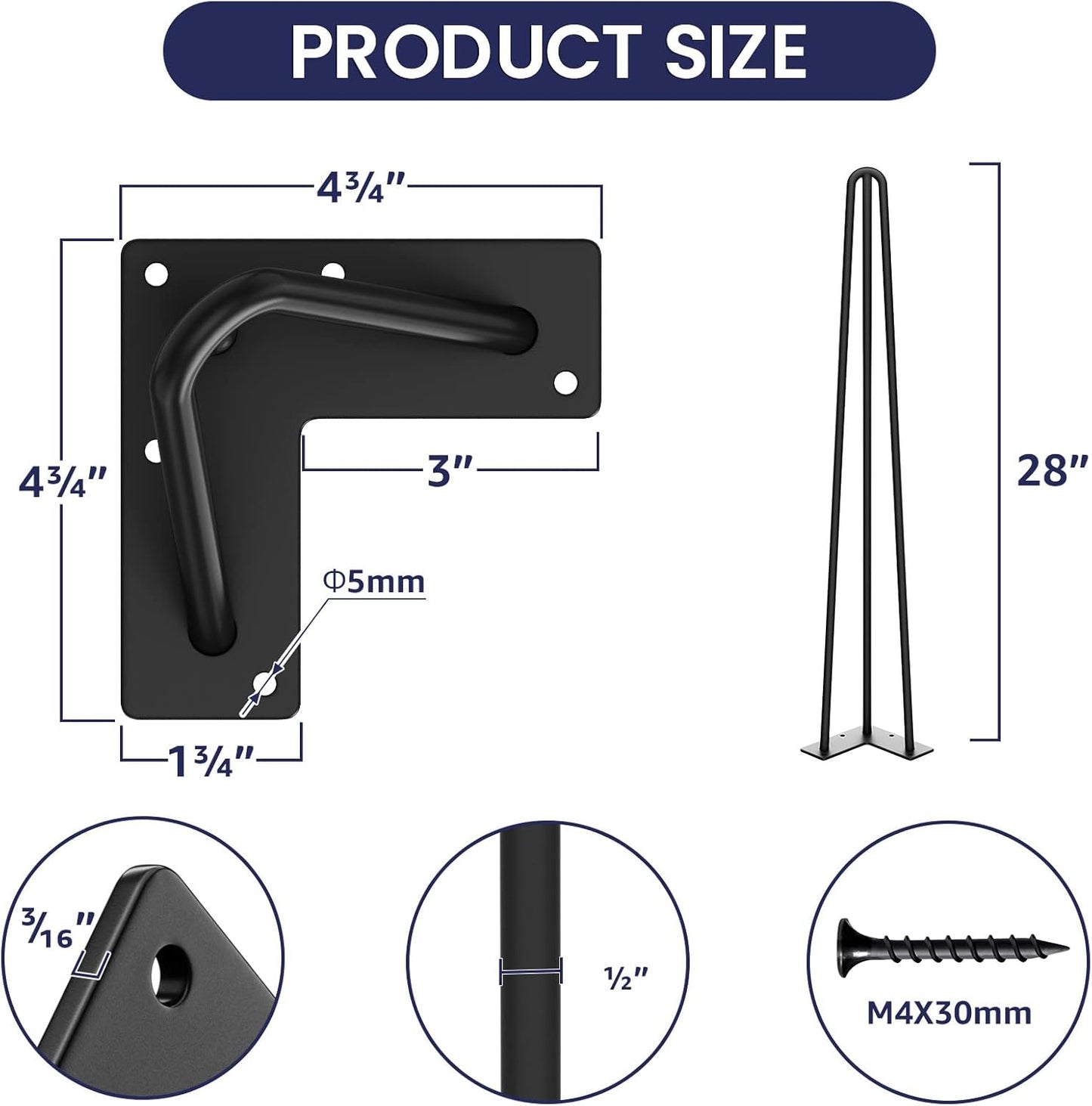 SMARTSTANDARD 28 Inch Hairpin Table Legs, 3 Steel Rods (Black, 4PCS) | 1/2 Inch Pipe Diameter, 800lbs Load Capacity, Mid-Century Style for Coffee Table, Side Table, Night Stand