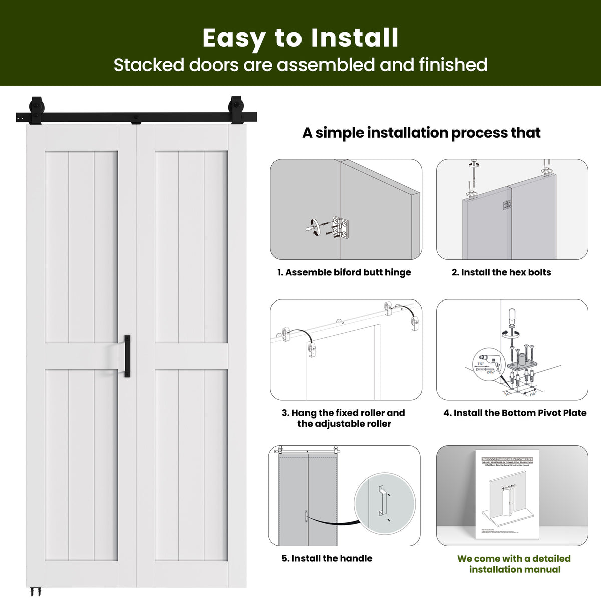 SMARTSTANDARD Bifold Barn Door 36'' x 84'',Bi-Fold Sliding Closet Doors, Hardware Kit Included,40'' Track Kit for 2 Doors,Waterproof & Quiet,Pre-Drilled Holes Easy Assembly,White