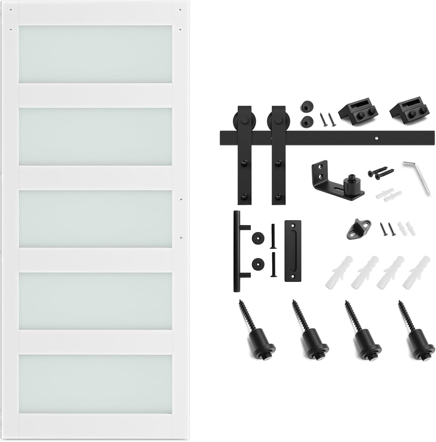 SMARTSTANDARD 38 x 84 in Glass Barn Door with 6.6FT Sliding Hardware Kit | Pre-Drilled Ready to Assemble, Waterproof PVC Coating, White, 5-Panel Glass
