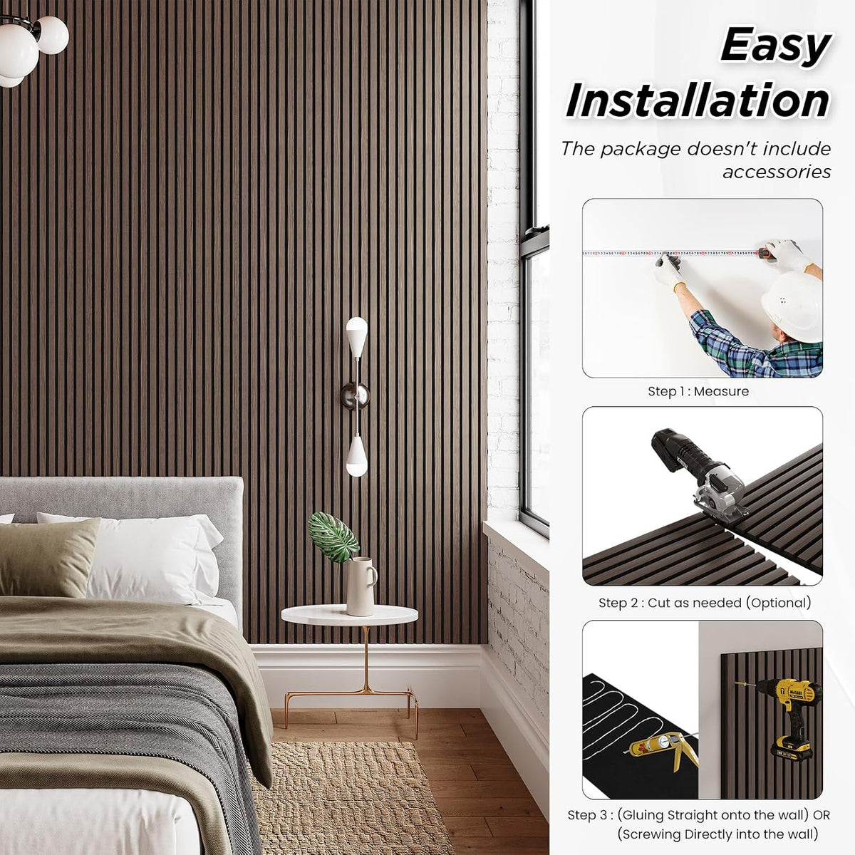 SMARTSTANDARD 4 Pack 105.9" x 12.6" Wood Slat Wall Panels, Dark Walnut | Soundproof Wooden Wall Panels, Acoustic Wood Panels for Wall, 3D Fluted Wood Panels for Interior Wall Decor, Dark Walnut