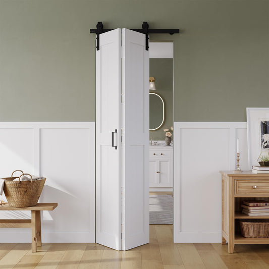 Bifold Barn Door , MDF Bi-Fold Sliding Closet Doors with Hardware Kit Included, Pre-Finished Easy Assembly, Water-Proof PVC Surface & Save Space, H-Frame,