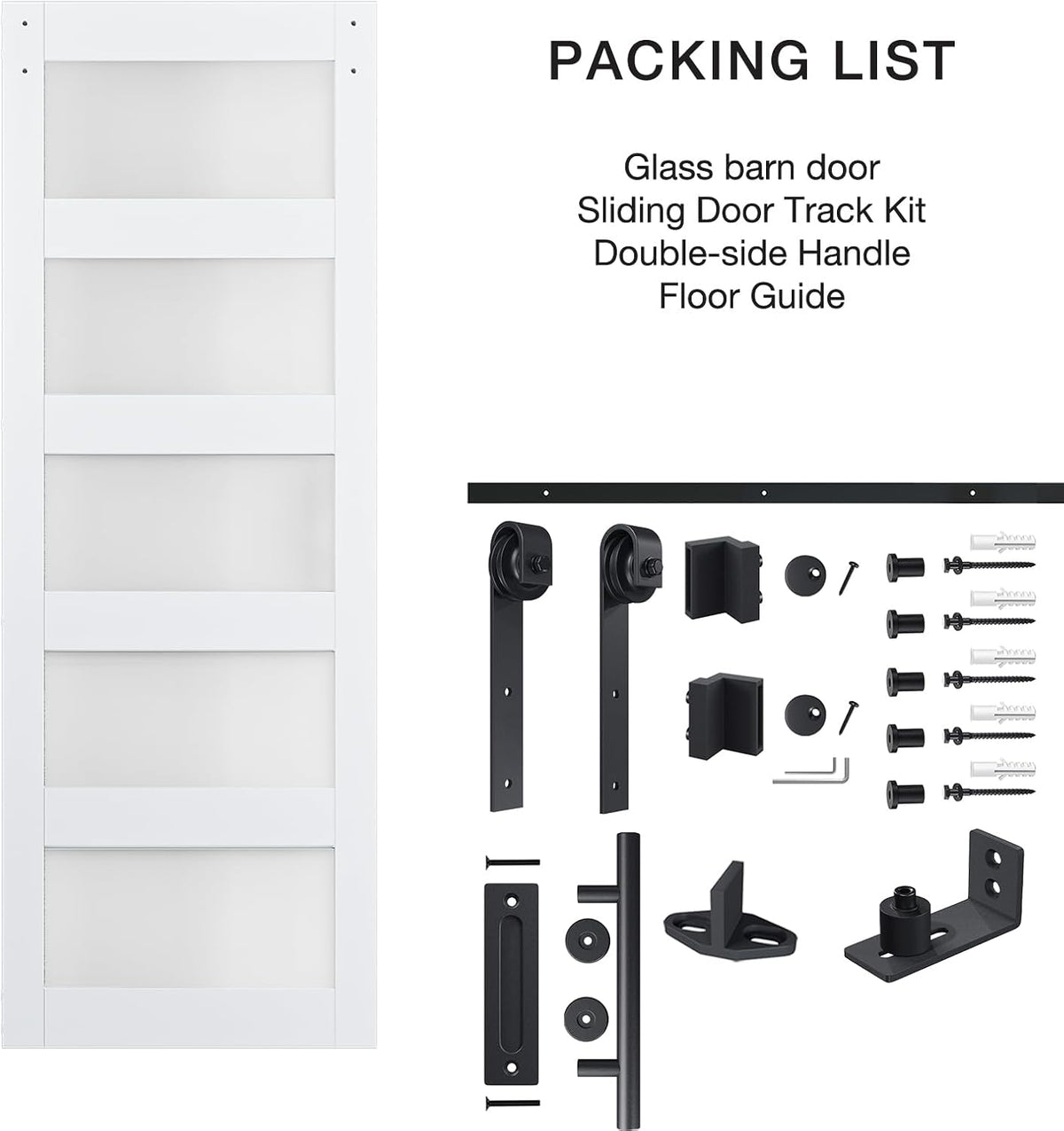 COSHOMER 30in x 84in 5-Panel Sliding Glass Barn Door with 4ft Hardware Kit,Easy Assembly with Pre-Drilled Holes, Waterproof, Frosted Glass for Bathroom-Fit Max Opening 28in x 82in