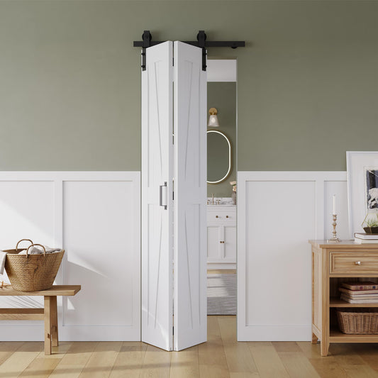 Bifold Sliding Barn Door, K Shaped Panel with Sliding Hardware Kit Set, Finished Closet Door Slab,MDF, White