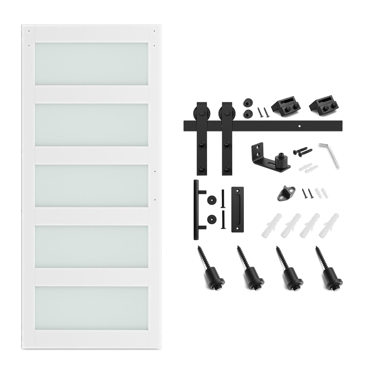 SmartStandard 40 x 96 in Glass Barn Door with 7FT Sliding Hardware Kit & Handle, Pre-Drilled Ready to Assemble, Waterproof PVC Coating, White, 5-Panel Glass