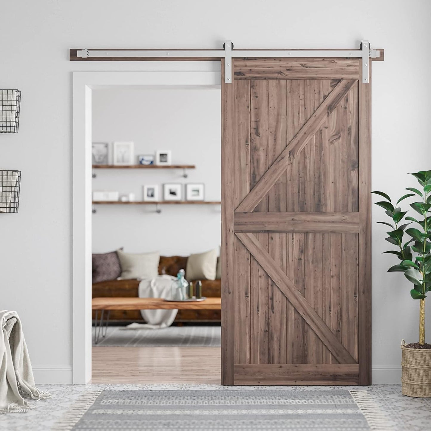SMARTSTANDARD 6.6 Feet Brushed Nickel Barn Hardware Kit, Fit 36-40" W Door | Heavy Duty Sliding Track-Smoothly and Quietly-Easy to Install, J Shape Hanger