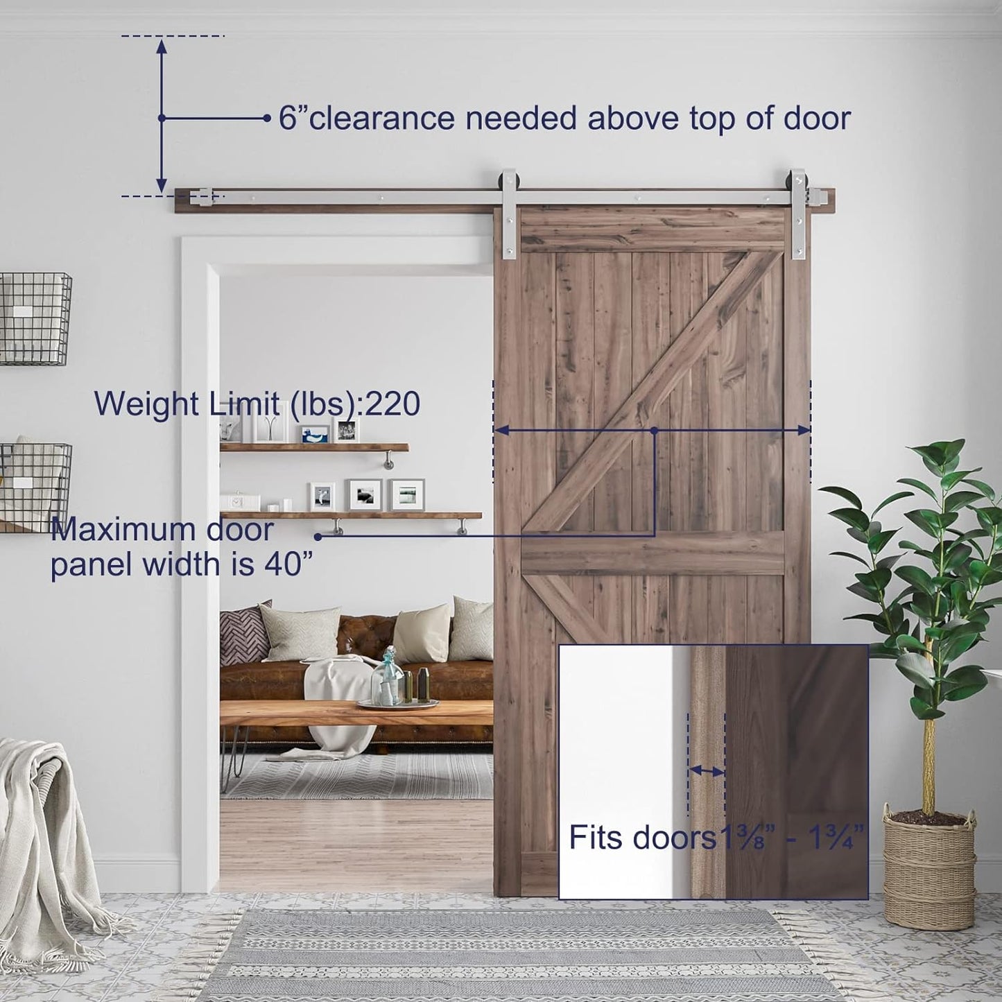 SMARTSTANDARD 6.6 Feet Brushed Nickel Barn Hardware Kit, Fit 36-40" W Door | Heavy Duty Sliding Track-Smoothly and Quietly-Easy to Install, J Shape Hanger