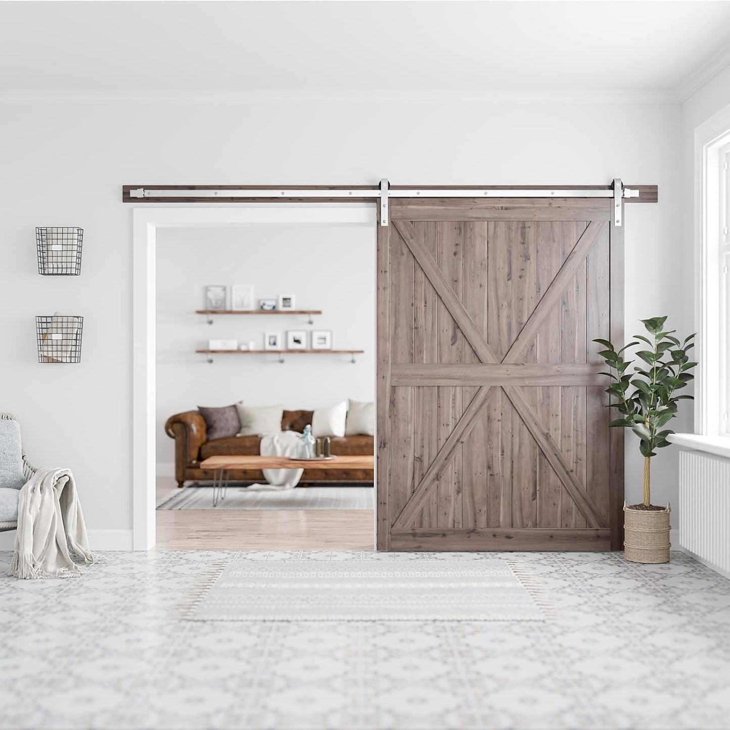 SMARTSTANDARD 10 Feet Brushed Nickel Barn Hardware Kit, Fit 60" W Door | Heavy Duty Sliding Track-Smoothly and Quietly-Easy to Install, J Shape Hanger