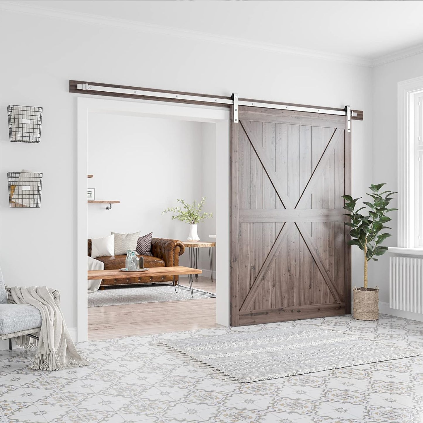 SMARTSTANDARD 10 Feet Brushed Nickel Barn Hardware Kit, Fit 60" W Door | Heavy Duty Sliding Track-Smoothly and Quietly-Easy to Install, J Shape Hanger