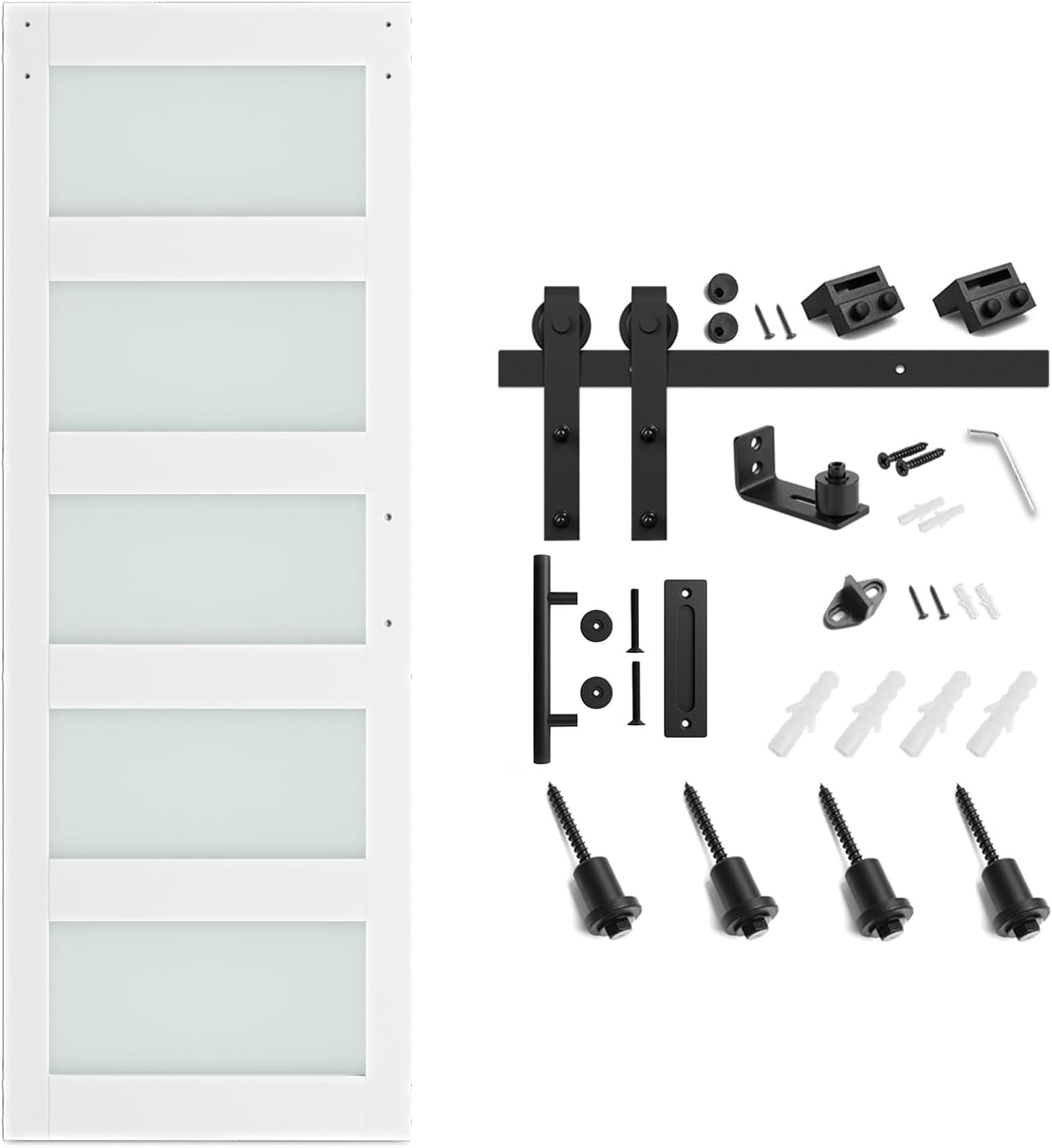 SMARTSTANDARD 28 x 84 in Glass Barn Door with 5FT Sliding Hardware Kit | Pre-Drilled Ready to Assemble, Waterproof PVC Coating, White, 5-Panel Glass