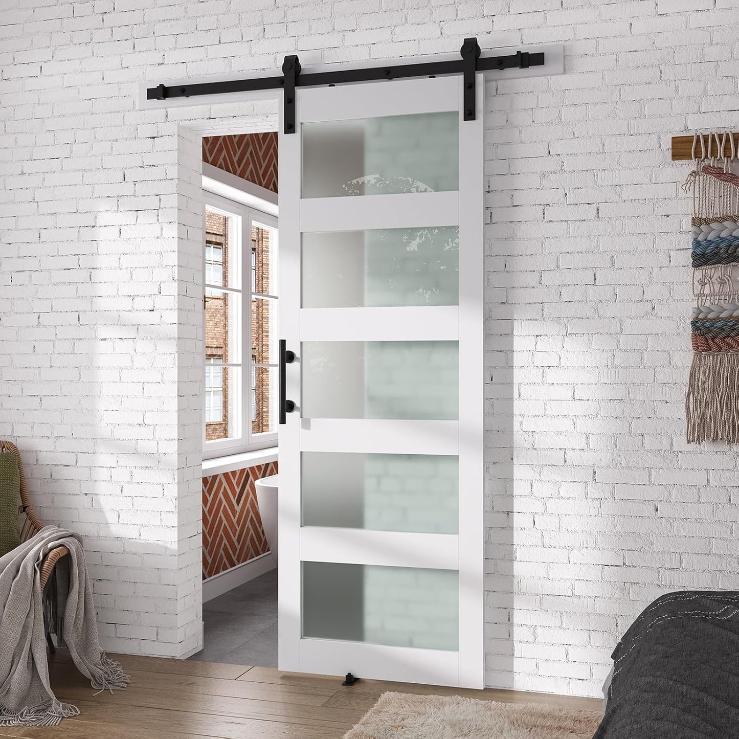 SMARTSTANDARD 30" x 84" Glass Barn Door with 5FT Hardware Kit Included | 5-Panel Glass, DIY Assembly Required, Waterproof PVC Coating, Pure White